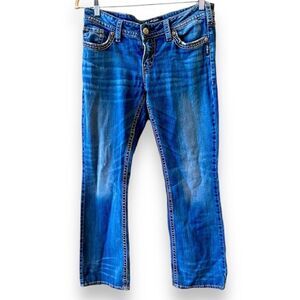 Silver Aiko Mid Boot Jeans Womens Sz 31 X 31 Embroidered Pockets Whiskered